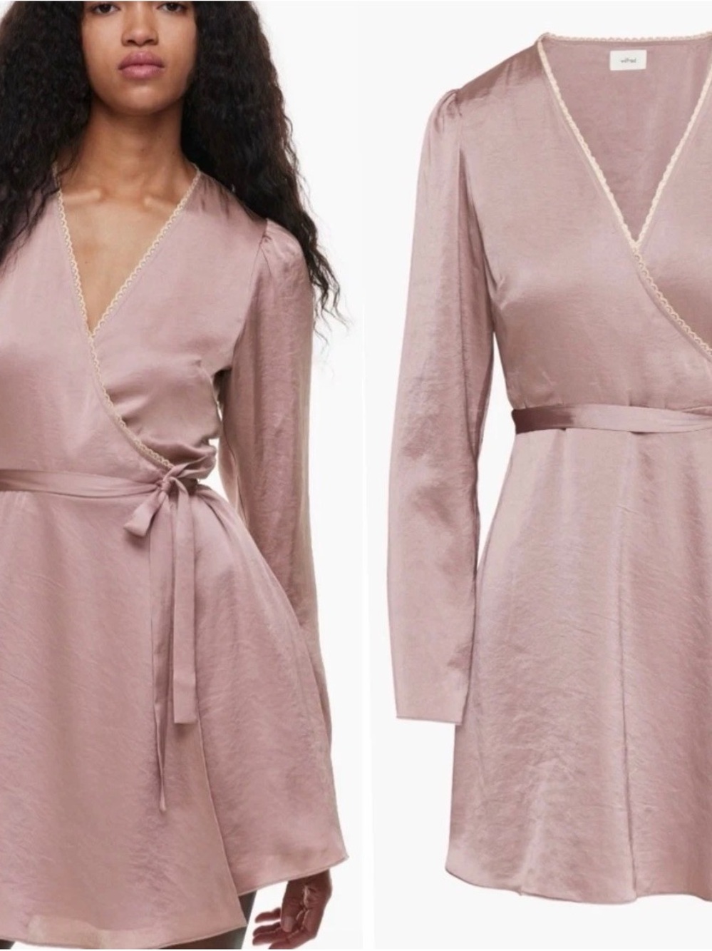 Aritzia Wilfred Dusty Rose Satin Wrap Dress with Lace Trim XS